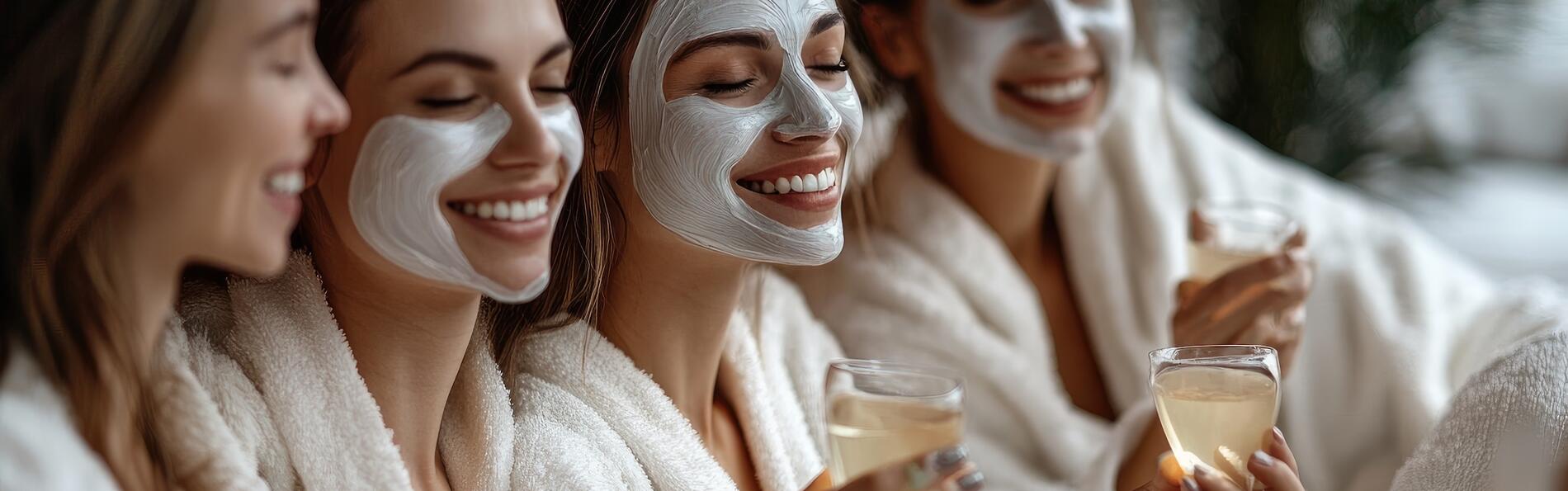 Vier junge Frauen in einem Wellnessbereich lächelnd mit einer Gesichtsmaske