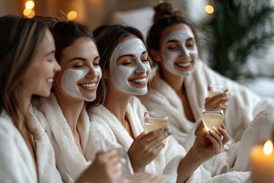 Vier junge Frauen in einem Wellnessbereich lächelnd mit einer Gesichtsmaske