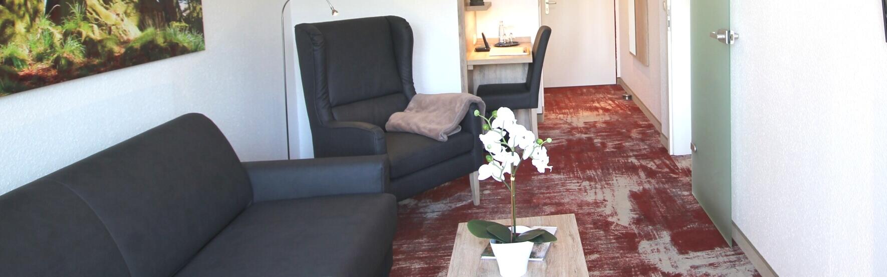 Unsere Junior Suite mit Balkon. Hier sind gemütliche Sofa mit Sessel, neue Fernsehen und kleiner Tisch mit Blumen.