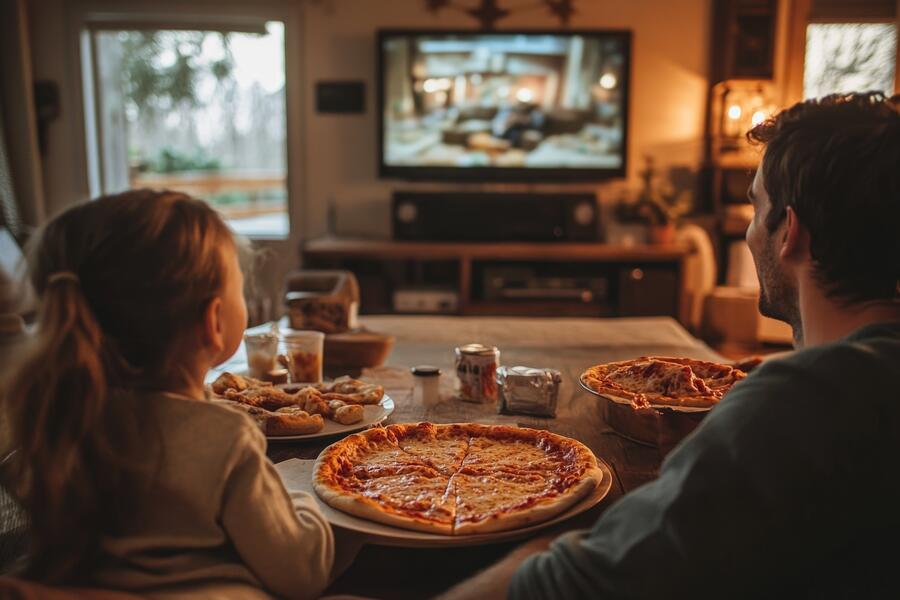 Vater und Tochter beim essen einer Pizza vor dem TV Gerät